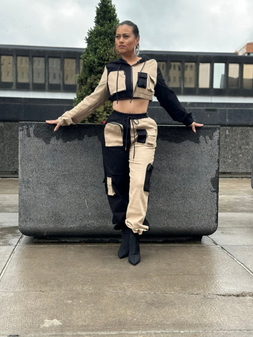 High Waisted Cargo Pants Cream and Black two Pieces