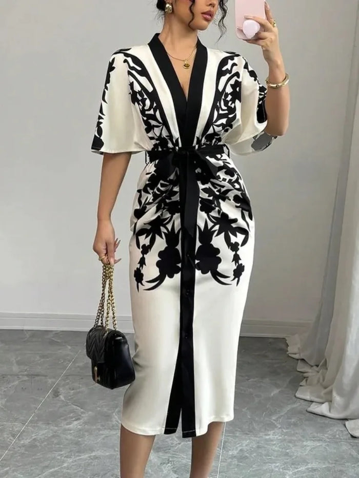 Women Flower Printed Tied Waist Midi Dresses