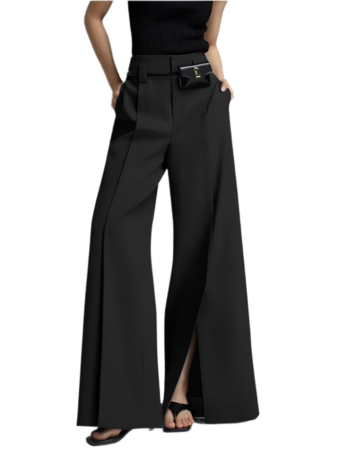 High-Waisted Pleated Split-Front Trousers