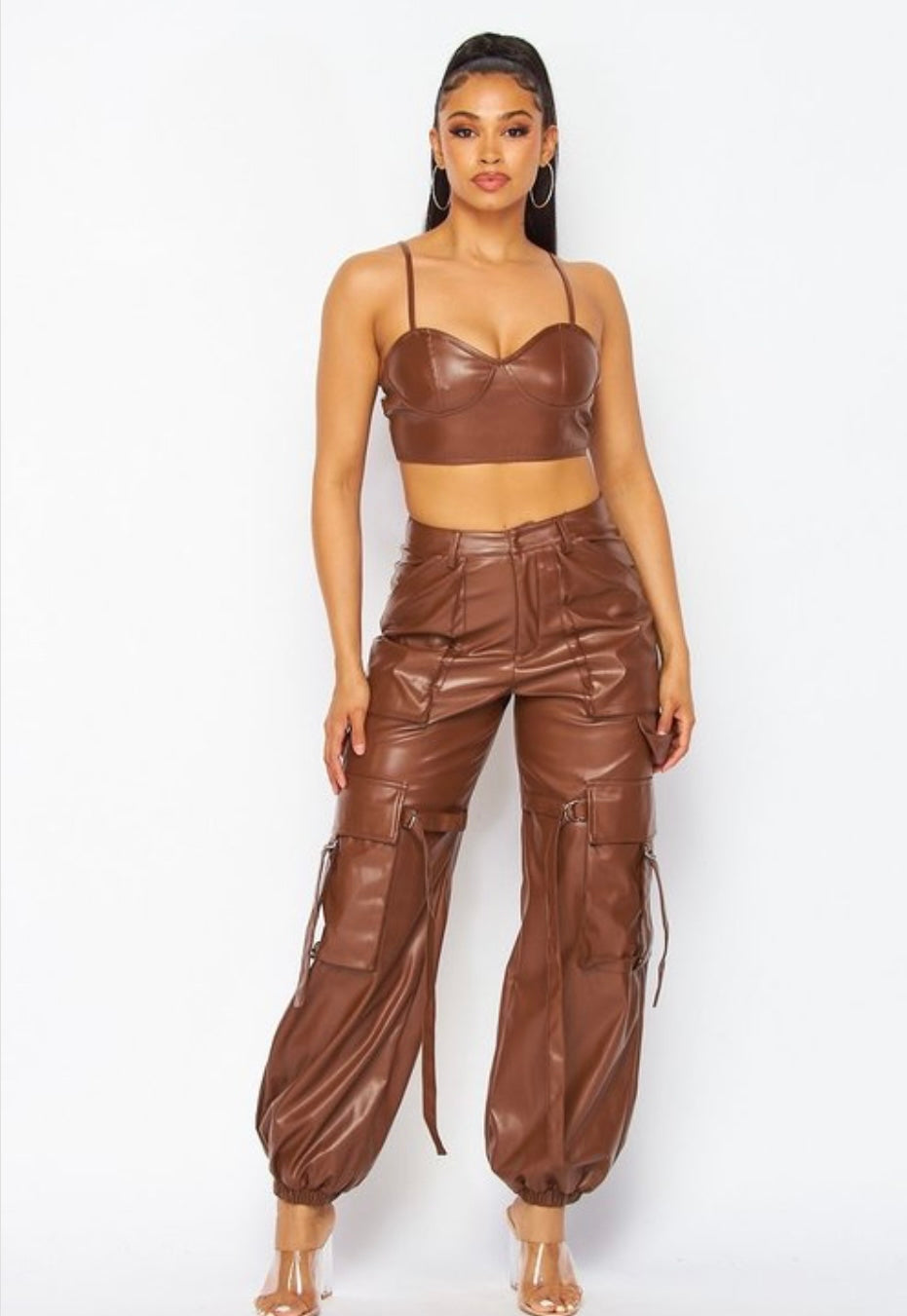 Women PU Leather Cargo Pants Two pieces