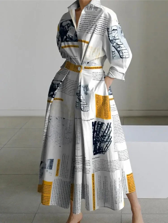 Printed Lapel A-Line Midi Dresses