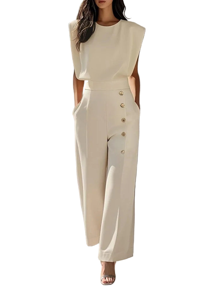 Women Elegant Jumpsuit Solid White Round Neck